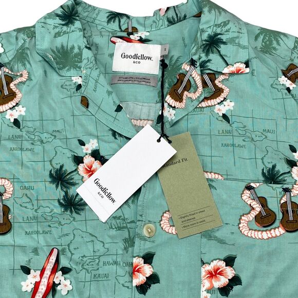 Goodiellow & Co Hawaiian Shirt Men S Meteor Green Guitars Standard Fit Button-Up - Picture 9 of 13